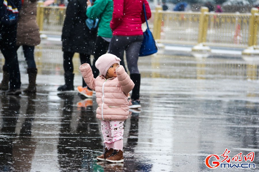 北京城迎来新春第一场雪 外国游客雪中拍照
