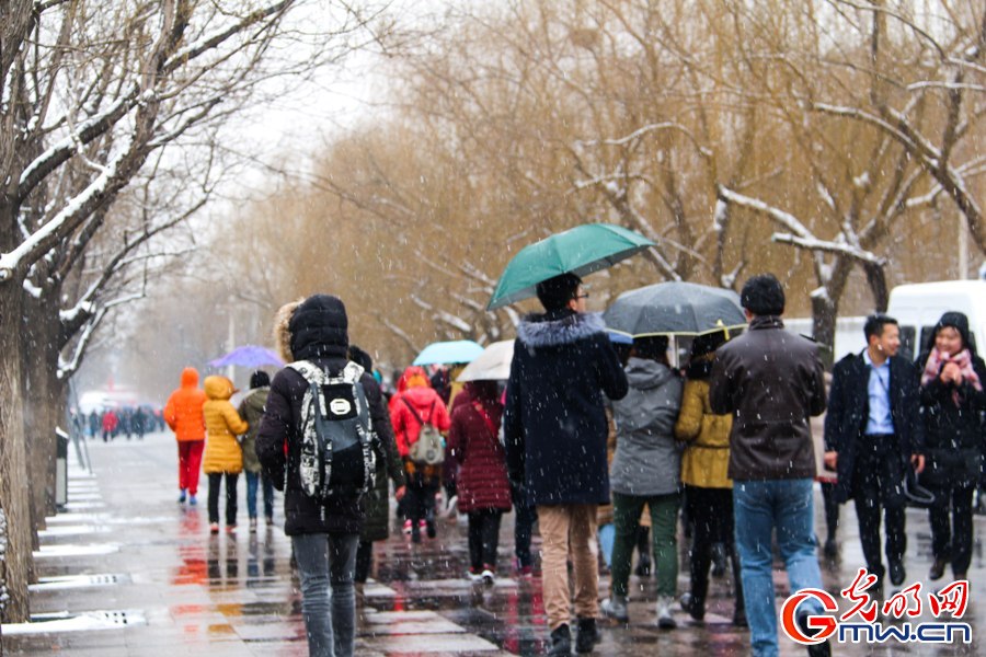 北京城迎来新春第一场雪 外国游客雪中拍照