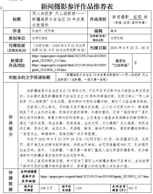 中国新闻奖新闻摄影《同心共筑梦 天山绽新颜》公示